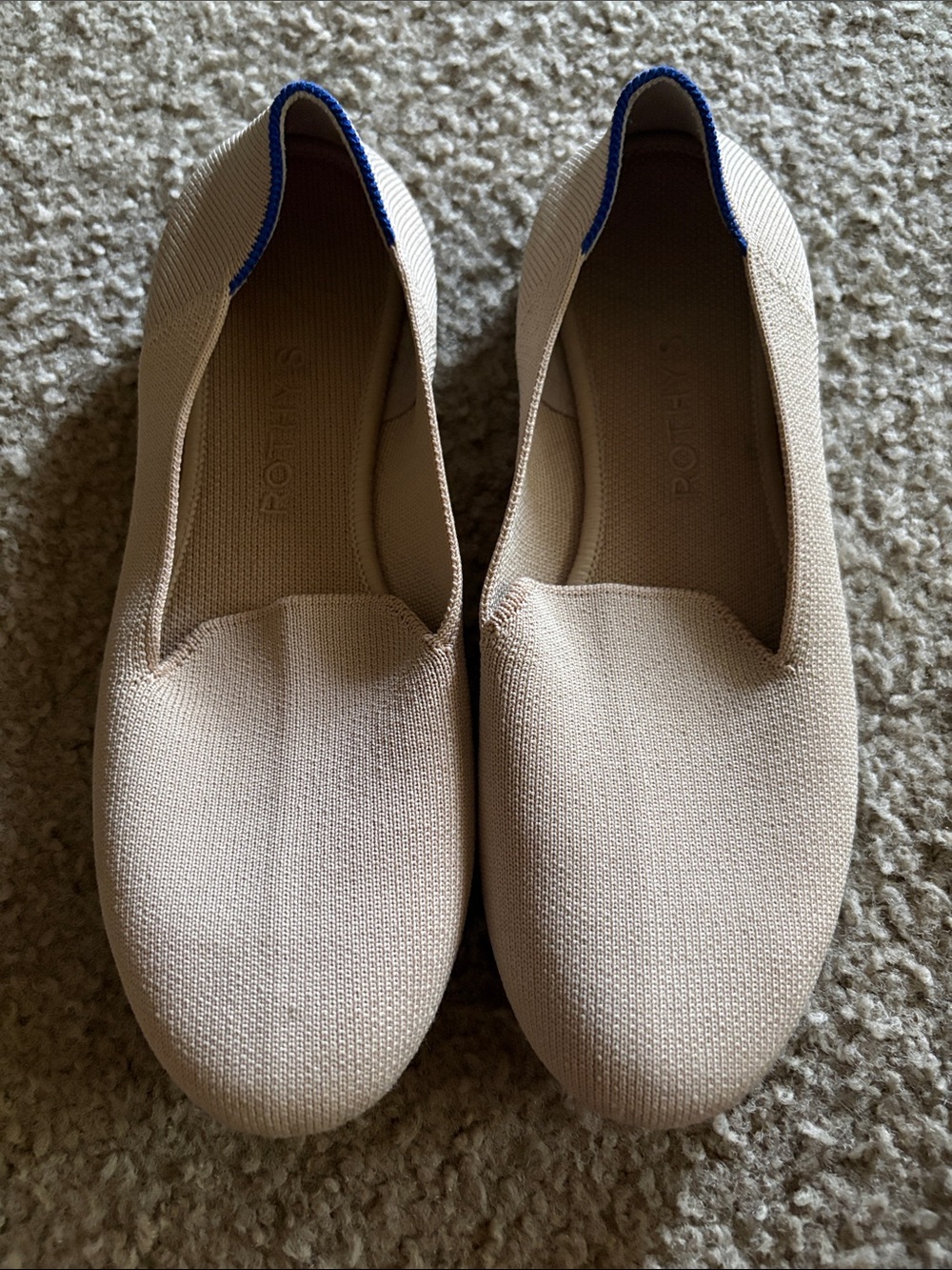 Rothy's Women's Slip-On Flats in Light Beige with Blue Trim
